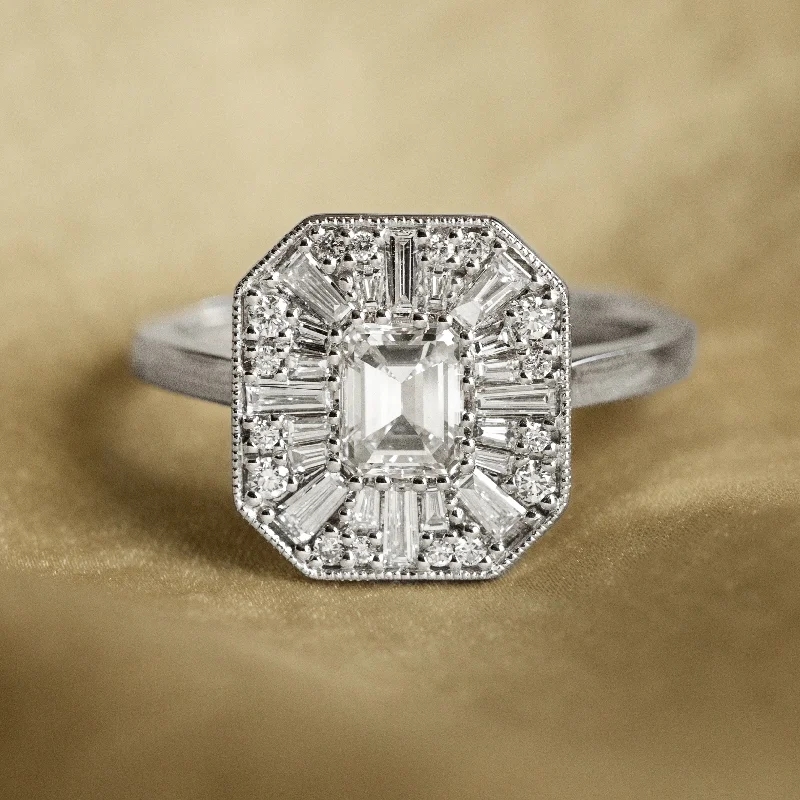 0.65 Carat Emerald Cut Diamond Mosaic Engagement Ring in 14K White Gold GIA Certified