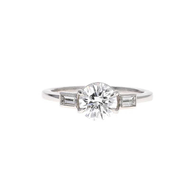 1.13 Carat Round Brilliant Diamond & Baguette Diamond Accent Three Stone Engagement Ring in Platinum GIA Certified