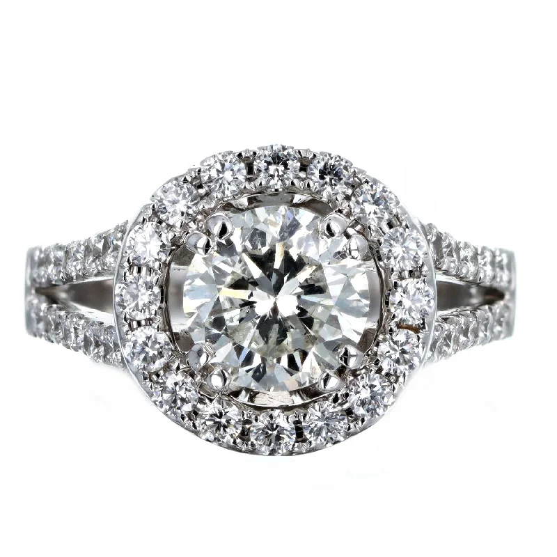 1.72 Carat Round Brilliant Diamond Halo Engagement Ring in 18K White Gold GIA Certified