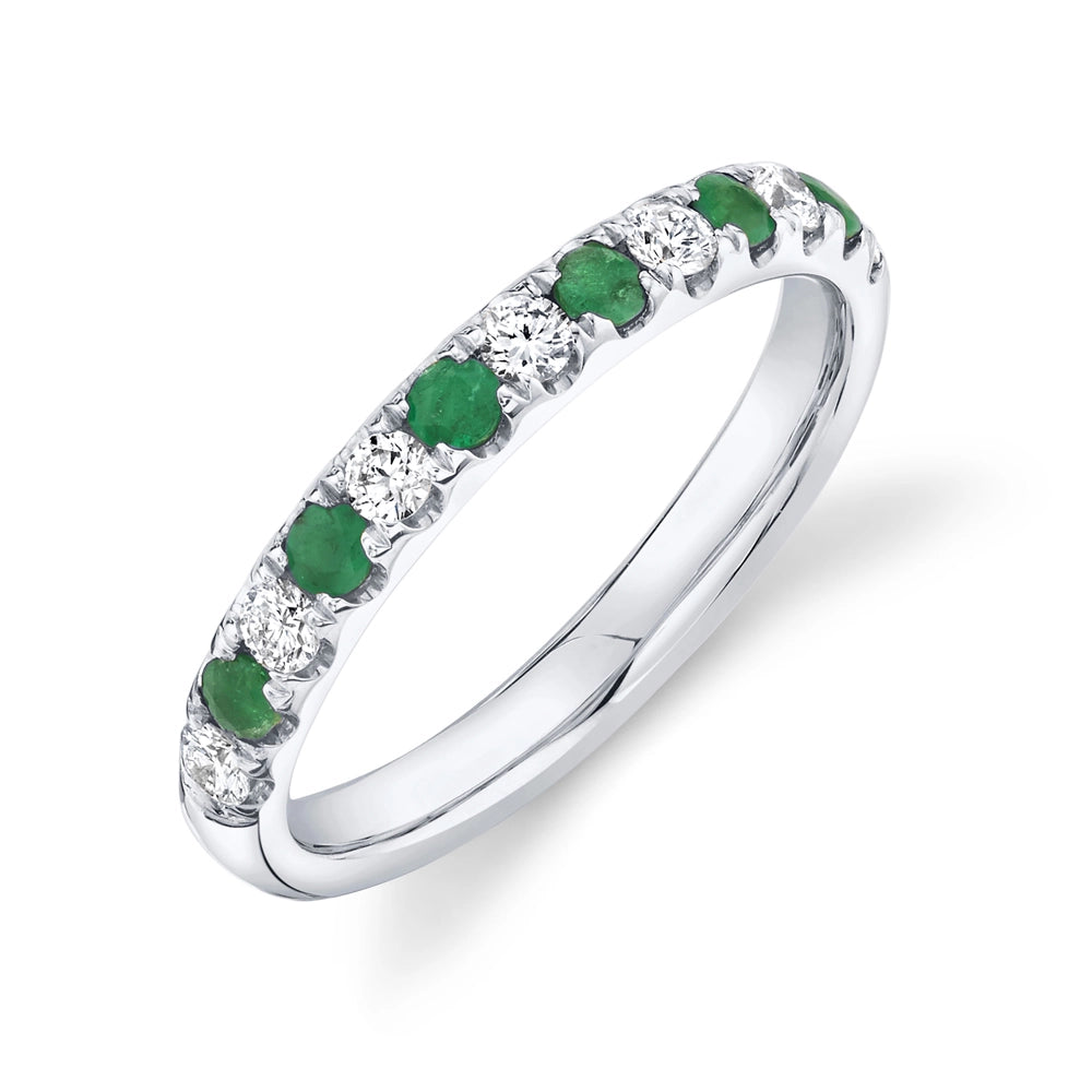 14K White Gold Diamond & Emerald Band