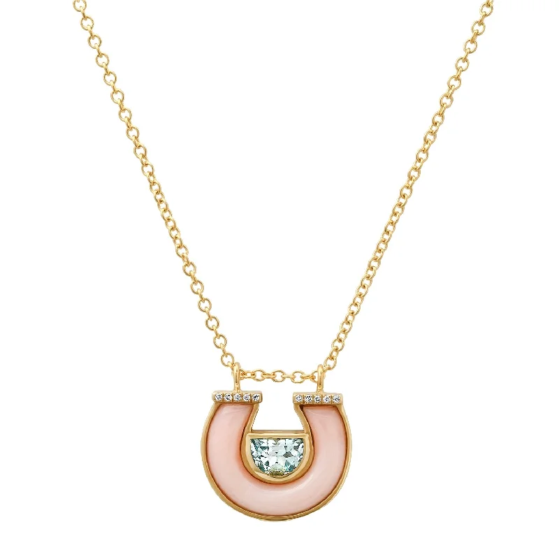 14K YG Blue Topaz, Pink Opal and Diamond Horseshoe Necklace