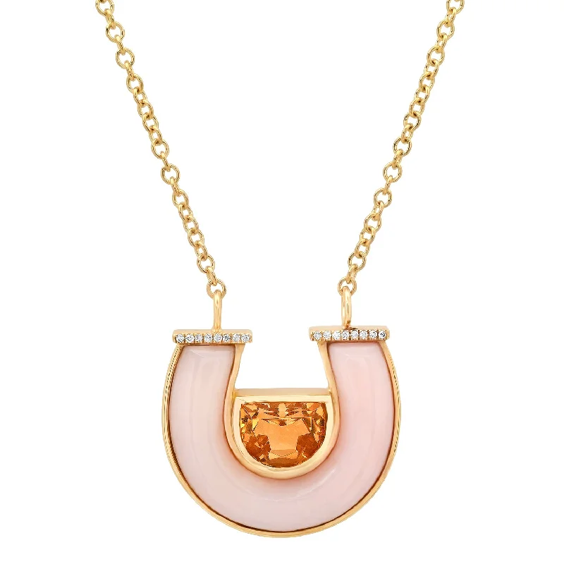 14K YG Jumbo Citrine, Pink Opal and Diamond Horseshoe Necklace