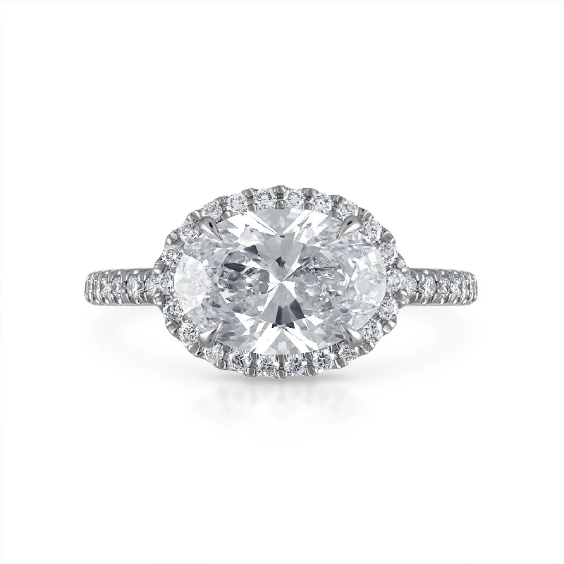 Oval Shape East-West with Pave Halo and Band Engagement Ring