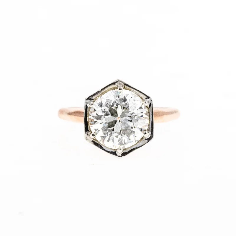 2.85 Carat Old European Diamond Hexagon Solitaire Engagement Ring in 14K Rose Gold GIA Certified