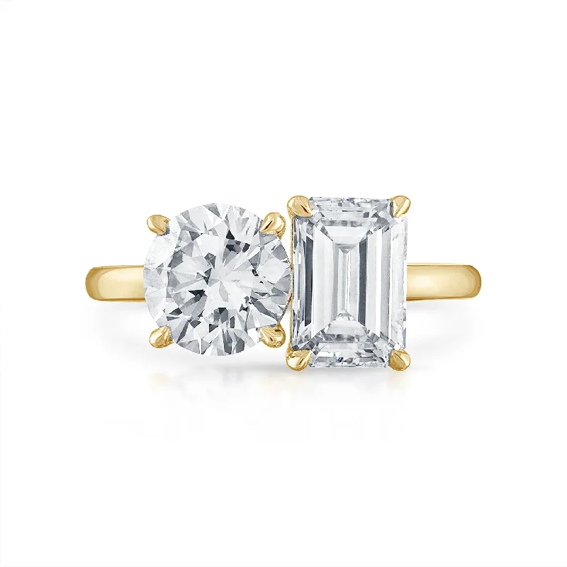 Round Cut and Emerald Cut Two-Stone Engagement Ring