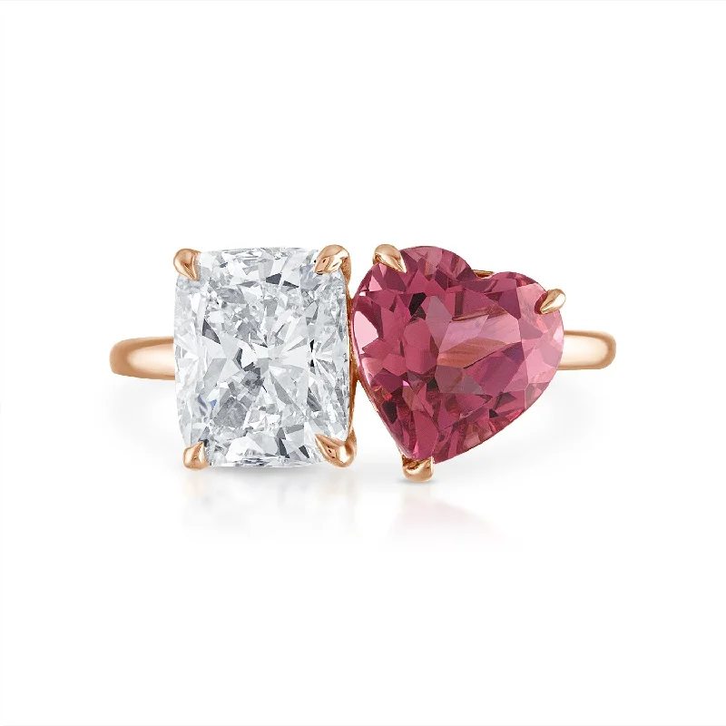 Elongated Cushion Cut and Pink Tourmaline Heart Shape Two-Stone Engagement Ring