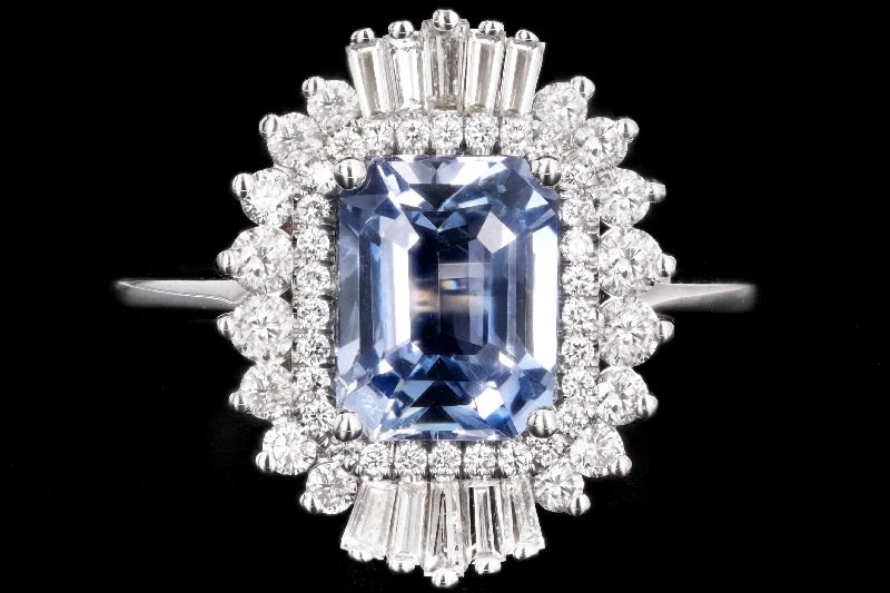 New 18K White Gold 2.45 Carat Natural No Heat Ceylon Sapphire & Diamond Fan Ring GIA Certified