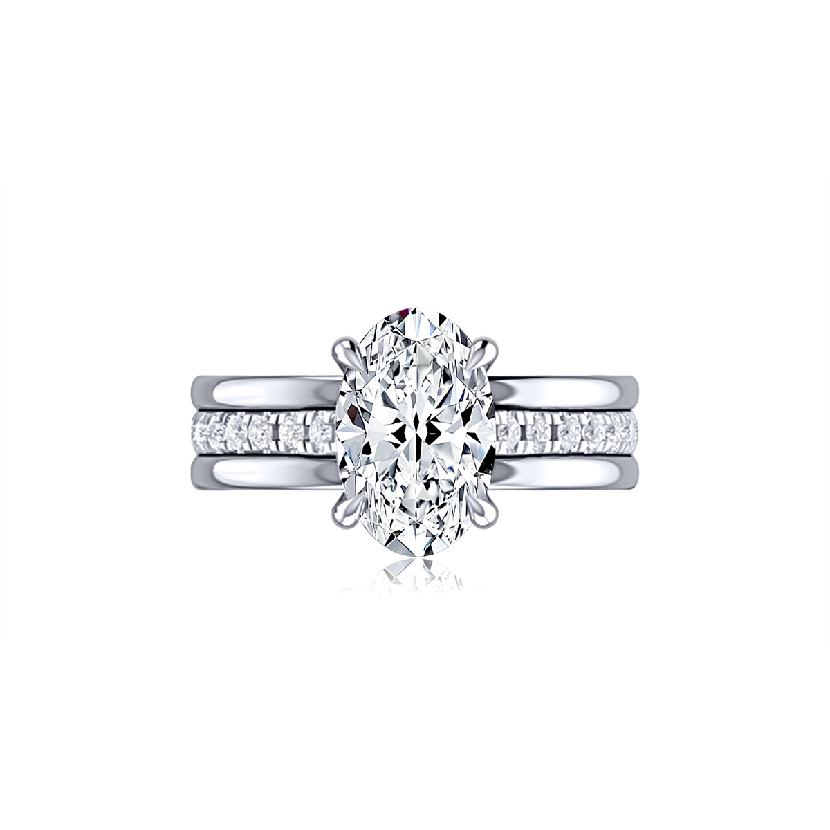 A. Jaffe 14K White Gold Wide Semi Mount Oval Ring with Hidden Diamond Halo and Diamonds in Center of Shank