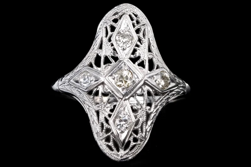 Art Deco 14K White Gold .20 Carat Total Weight Old European Cut Diamond Filigree Ring