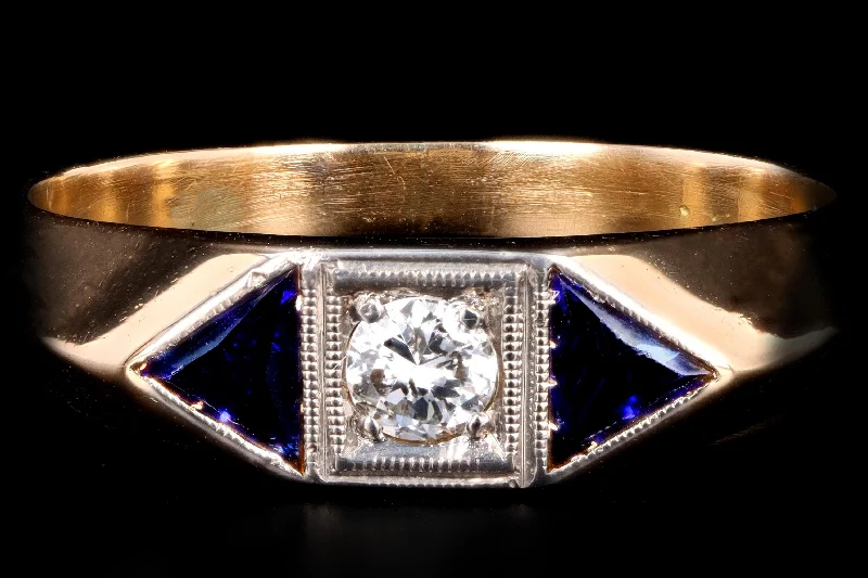 Art Deco 18K Yellow Gold Old European Cut Diamond & Synthetic Sapphire Ring