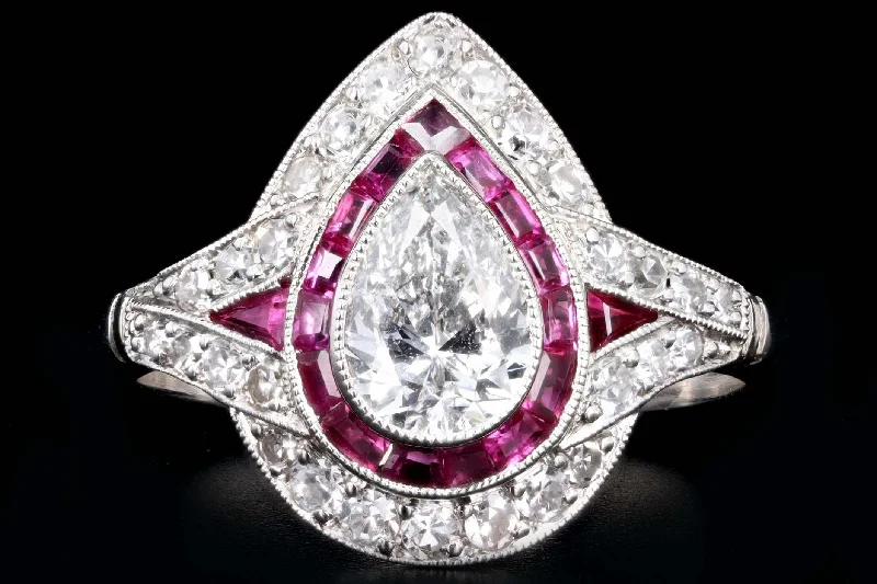 Art Deco Inspired .76 Carat Pear Cut Diamond & Natural Ruby Halo Engagement Ring