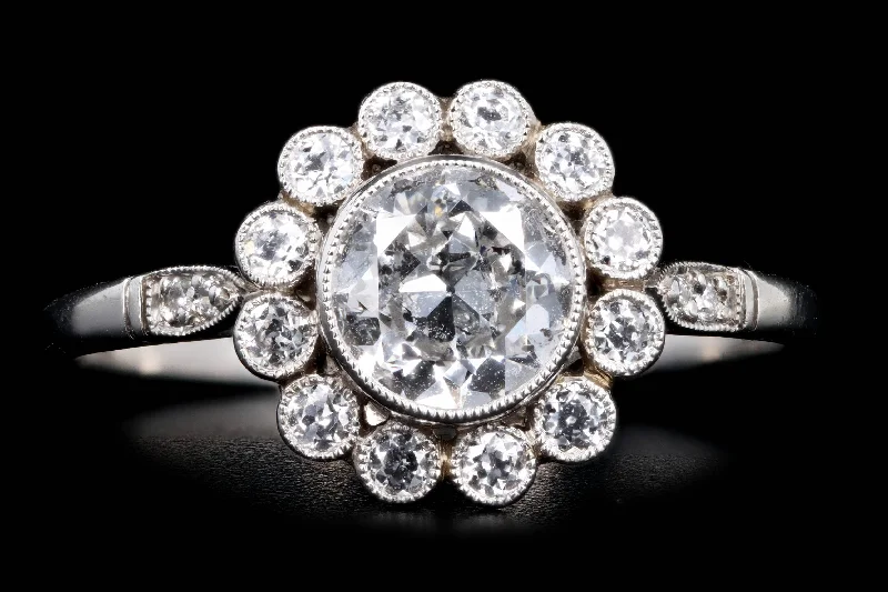 Art Deco Inspired Platinum 0.74 Carat Old European Cut Diamond Cluster Halo Engagement Ring