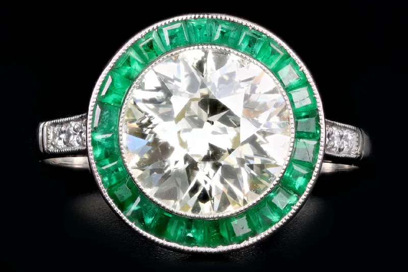 Art Deco Inspired Platinum 2.10 Carat Old European Cut Diamond & Natural Emerald Halo Engagement Ring