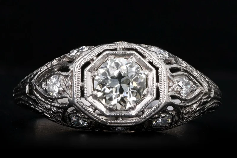 Art Deco Platinum 0.55 Carat Old European Diamond Filigree Engagement Ring