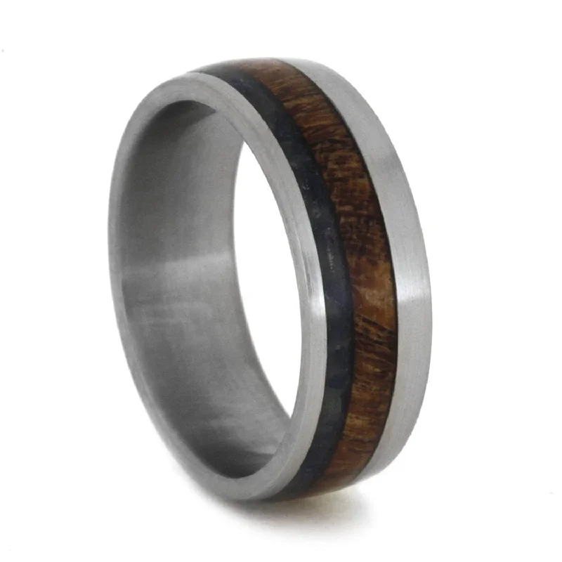 Blue Sea Glass, Mesquite Burl Wood 7mm Comfort-Fit Matte Titanium Band, Size 8.75