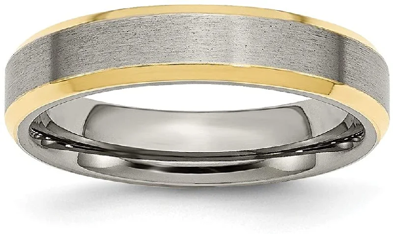 Brushed Grey Titanium, 5mm Yellow IP Beveled Edge Band, Size 10