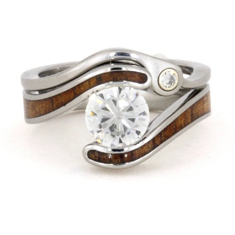 Charles & Colvard Forever One Moissanite, Koa Wood Titanium Engagement Ring and Shadow Wedding Band, Bridal Set Size 13.75