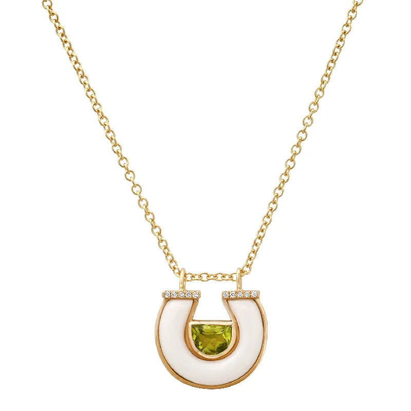 14K YG Peridot, White Agate and Diamond Horseshoe Necklace