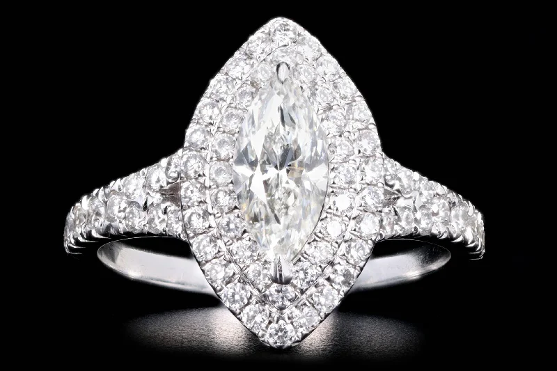 18K White Gold 0.73 Carat Marquise Diamond Double Halo Split Shank Engagement Ring