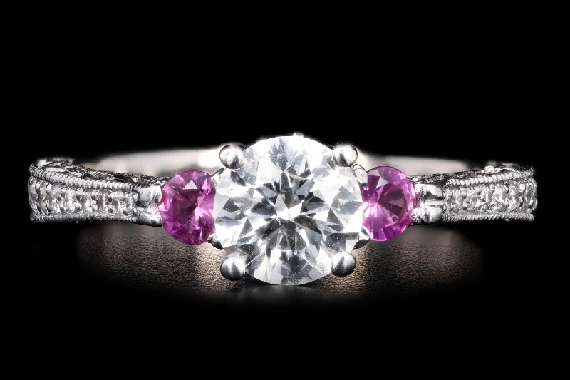 18K White Gold 0.76 Carat Round Brilliant Diamond Pink Sapphire Three Stone Engagement Ring