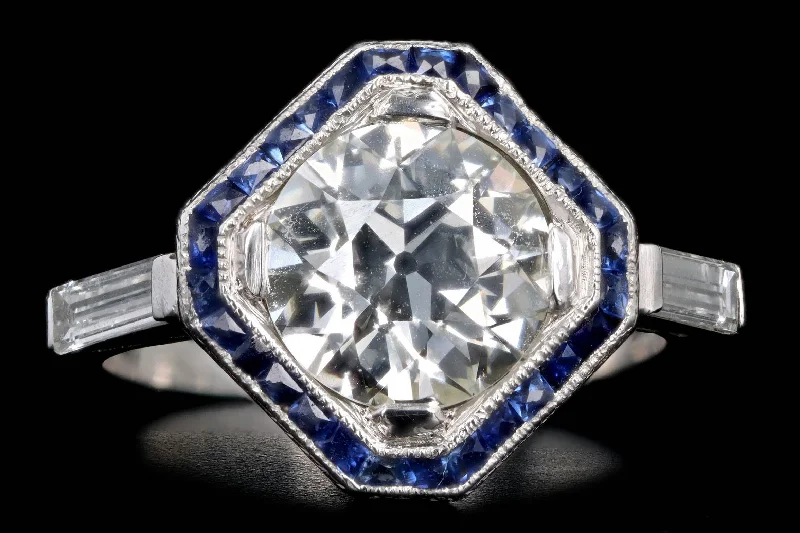 Art Deco 2.75 Carat Old European Diamond & Synthetic Sapphire Geometric Halo Engagement Ring GIA Certified