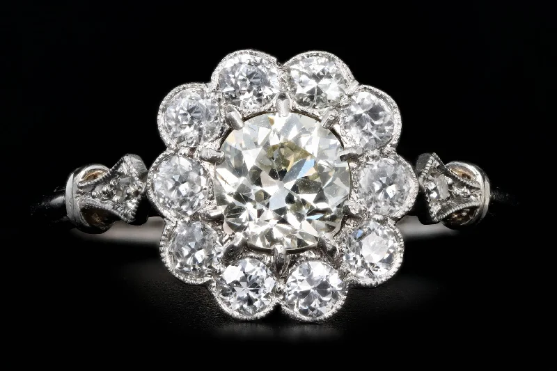 Art Deco Inspired Platinum 0.72 Carat Old European Cut Diamond Halo Cluster Engagement Ring