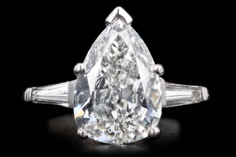 Platinum 4.03 Carat Pear Diamond Three Stone Baguette Engagement Ring GIA Certified