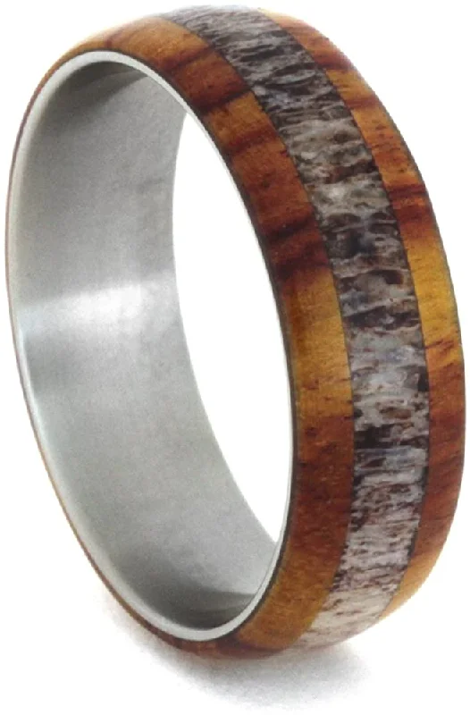 Deer Antler, Tulip Wood 7mm Comfort-Fit Titanium Band, Size 14.75