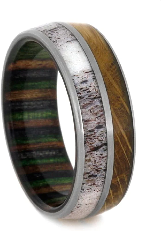 Deer Antler, Whiskey Barrel Oak Wood, Matte Titanium 8mm Comfort-Fit Dymondwood Band, Size 10.75