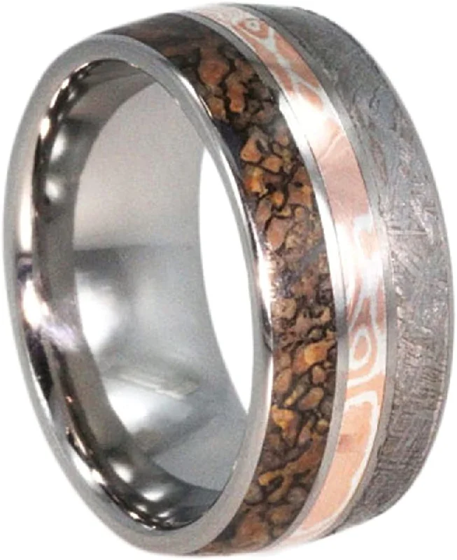 Dinosaur Bone, Gibeon Meteorite, Mokume Gane 10mm Comfort Fit Titanium Band, Size 6.25