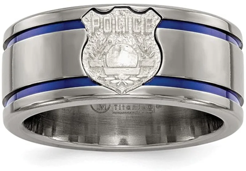 Edward Mirell Titanium Blue Anodized with SS Police Shield Tag 10mm Flat Band, Size 8.5