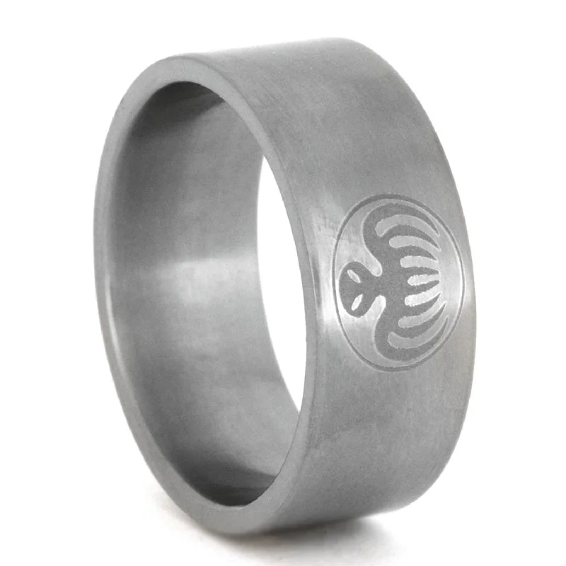 Engraved Octopus 9mm Comfort-Fit Matte Titanium Spectre Ring, Size 6.5