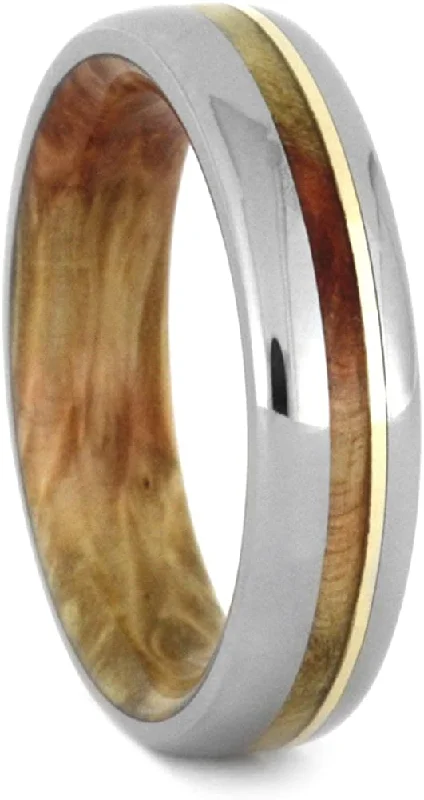 Flame Box Elder Burl, 14k Yellow Gold 5mm Comfort-Fit Titanium Wedding Band