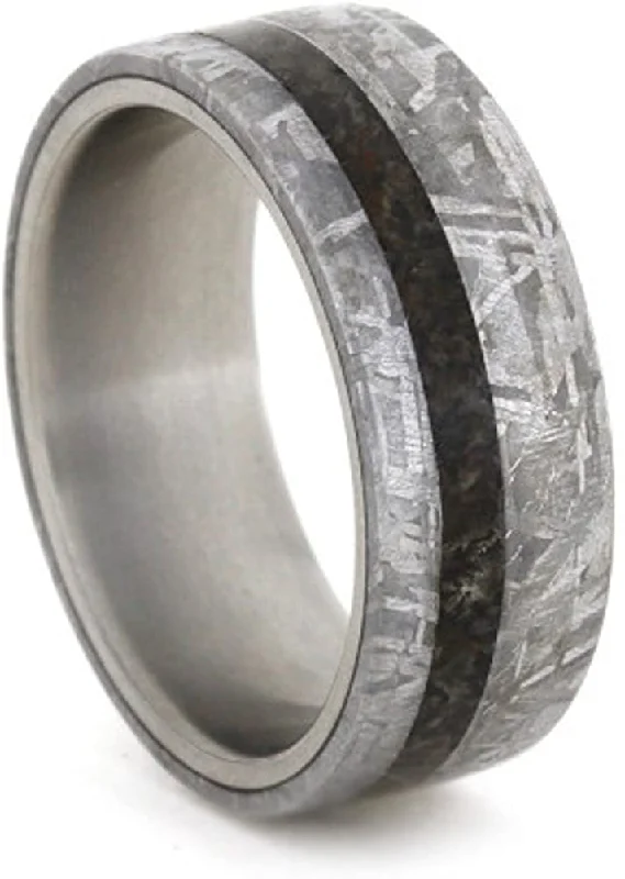 Gibeon Meteorite, Dinosaur Bone Overlay 8mm Comfort-Fit Matte Titanium Band, Size 14.75