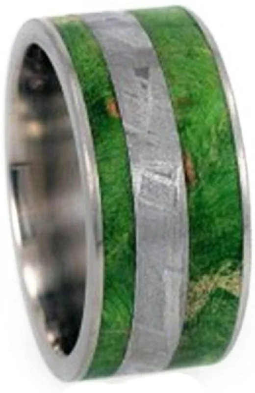 Gibeon Meteorite, Green Box Elder Burl Wood 10mm Comfort Fit Matte Titanium Band, Size 12.75