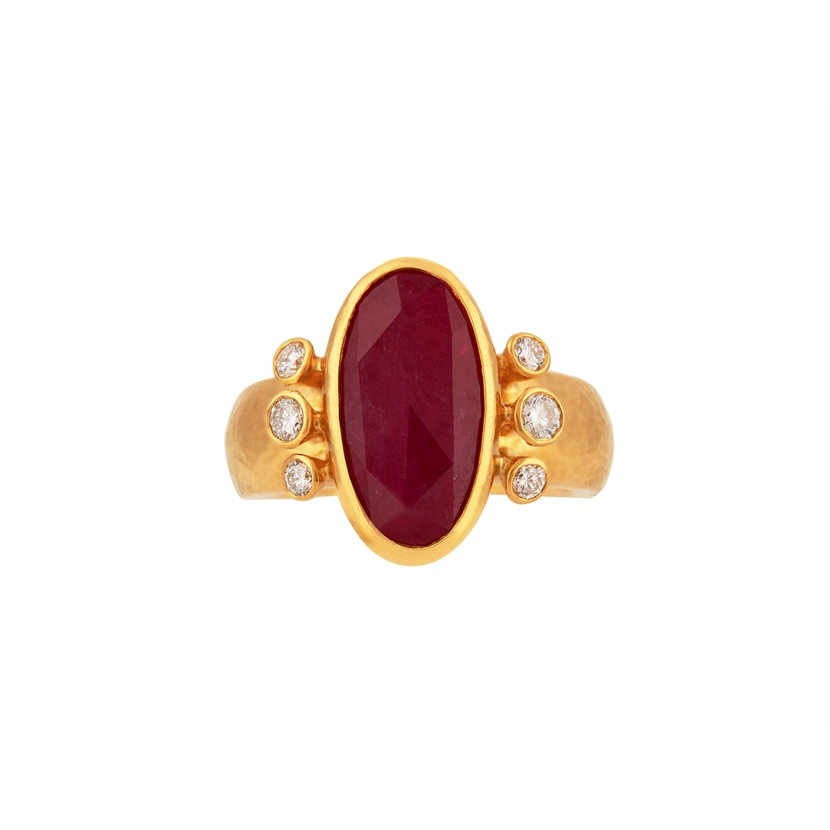 Gurhan One-of-a-Kind 24K Yellow Gold Oval Rose Cut Ruby Bezel Ring with Round Diamonds