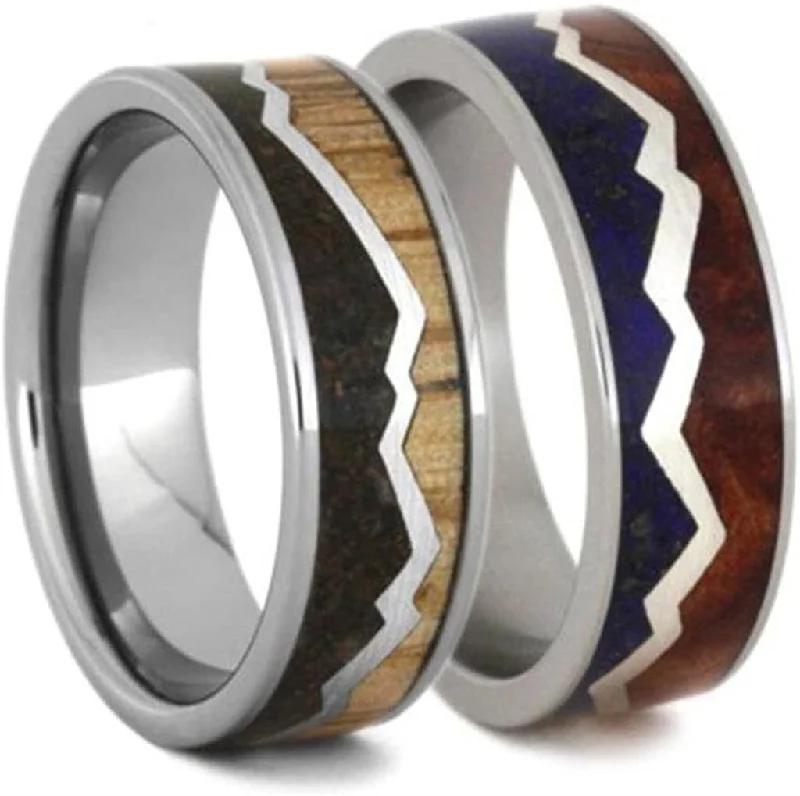 His and Hers Dinosaur Bone, Oak Wood Titanium Band and Redwood, Lapis Lazuli Titanium Band Sizes M10.5-F4