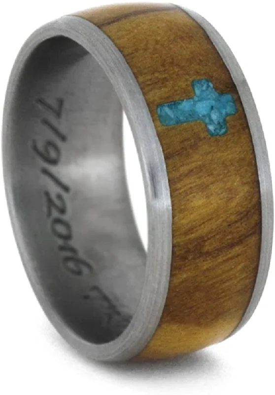 Inlaid Turquoise Cross, Olive Wood 8mm Comfort-Fit Matte Titanium Band, Size 4.75