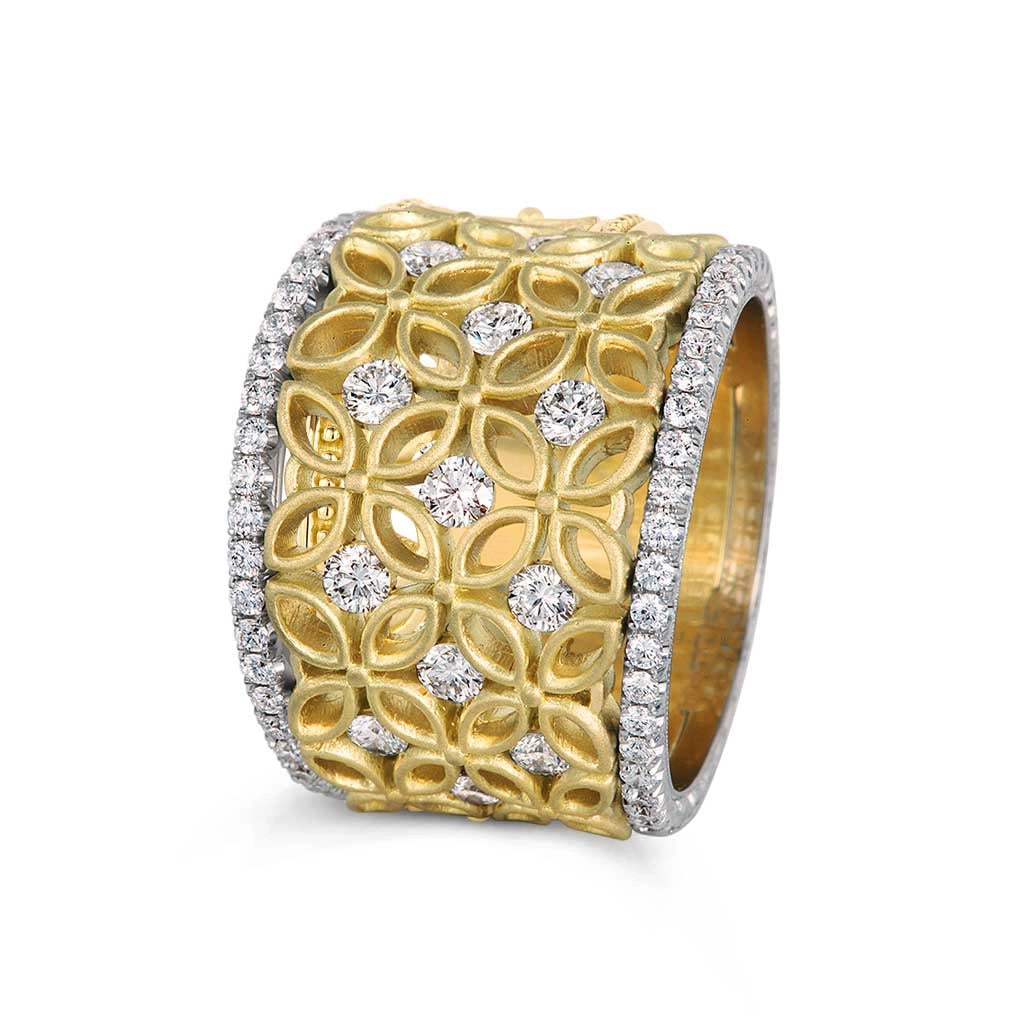 Jack Kelege 18K Yellow and White Gold Wide Diamond Band Ring