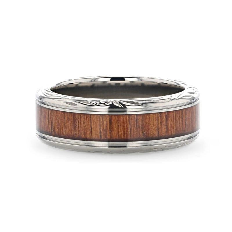 Koa Wood Inlaid Titanium Ring with Intricate Edges