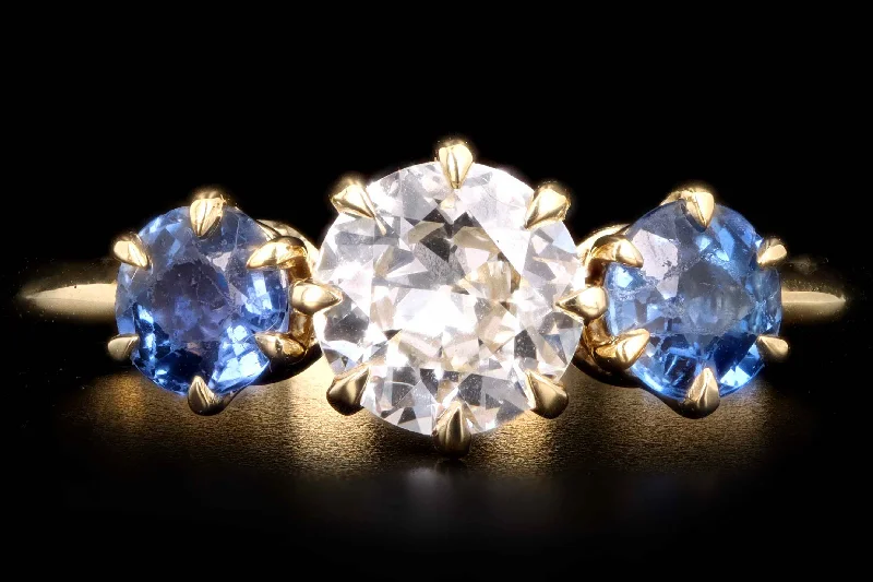 New Vintage Inspired 18K Yellow Gold .65 Carat Old European Cut Diamond & Yogo Gulch Sapphire Ring