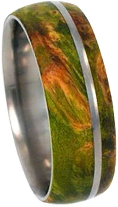 Peridot Box Elder Burl Wood 8mm Comfort-Fit Dome Titanium Band, Size 6.25