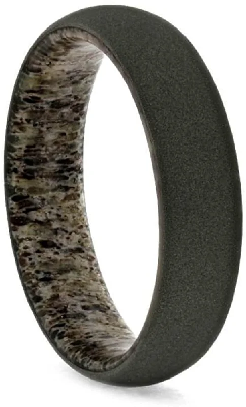 Sandblasted Titanium 6mm Comfort-Fit Deer Antler Sleeve Dome Band, Size 14.5