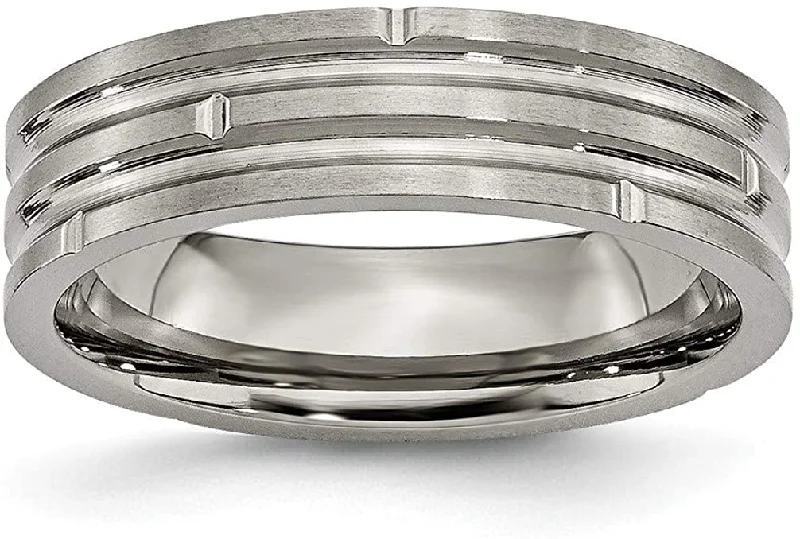 Satin-Brushed, Grey Titanium Grooved 6mm Band, Size 12.5