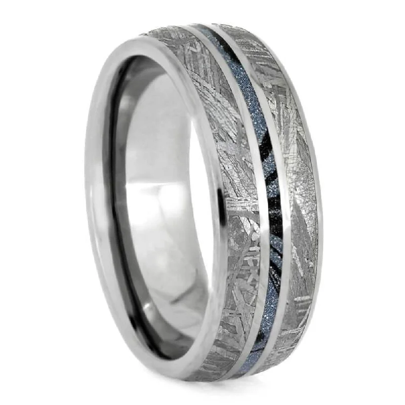 The Men's Jewelry Store (Unisex Jewelry) Gibeon Meteorite, Blue Mokume Gane 7mm Titanium Comfort-Fit Wedding Band, Size 10.75