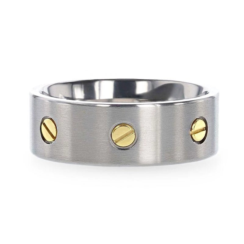 Titanium Flat Brushed Finish Ring with Rotating Screw Design