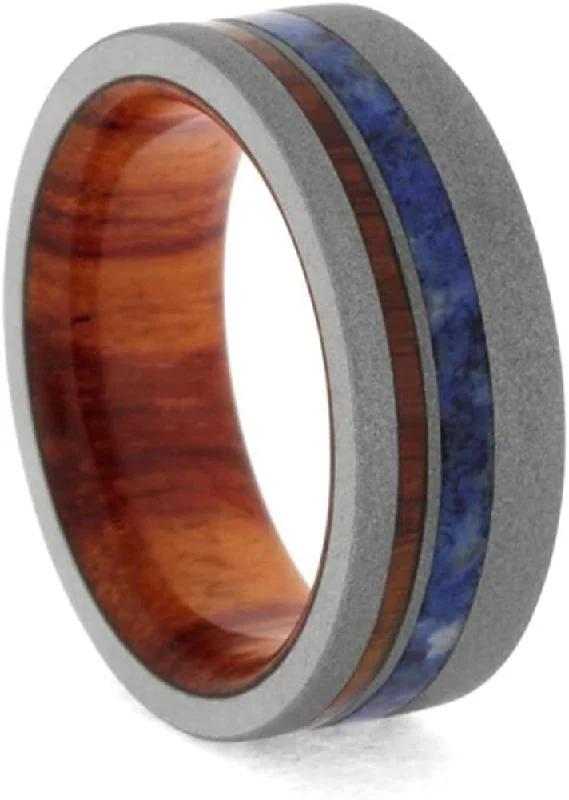 Tulipwood, Blue Box Elder Burl 8mm Sandblasted Titanium Comfort-Fit Band, Size 8.5