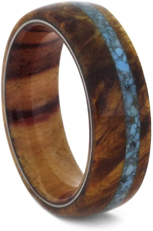 Turquoise, Amboyna Burl and Tulip Wood 7mm Comfort-Fit Matte Titanium Band, Size 13.25