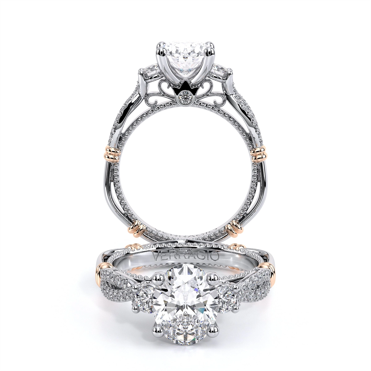 Verragio Parisian 14K White Gold Three Stone Semi Mount Diamond Ring with Rose Gold Accents