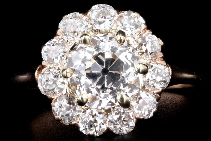 Victorian 14K Rose Gold 1.57 Carat Old European Cut Diamond Cluster Halo Engagement Ring GIA Certified